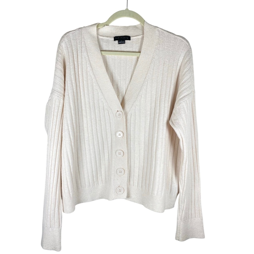 Sanctuary Cardigan Sweater Women L Cream Excellent Ribbed V-Neck Button Front - Picture 2 of 9